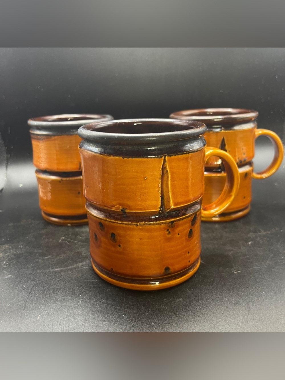 Vintage‎ MCM Baldelli Italy Ceramic Bamboo Coffee Mugs Brown Glaze Set of 3